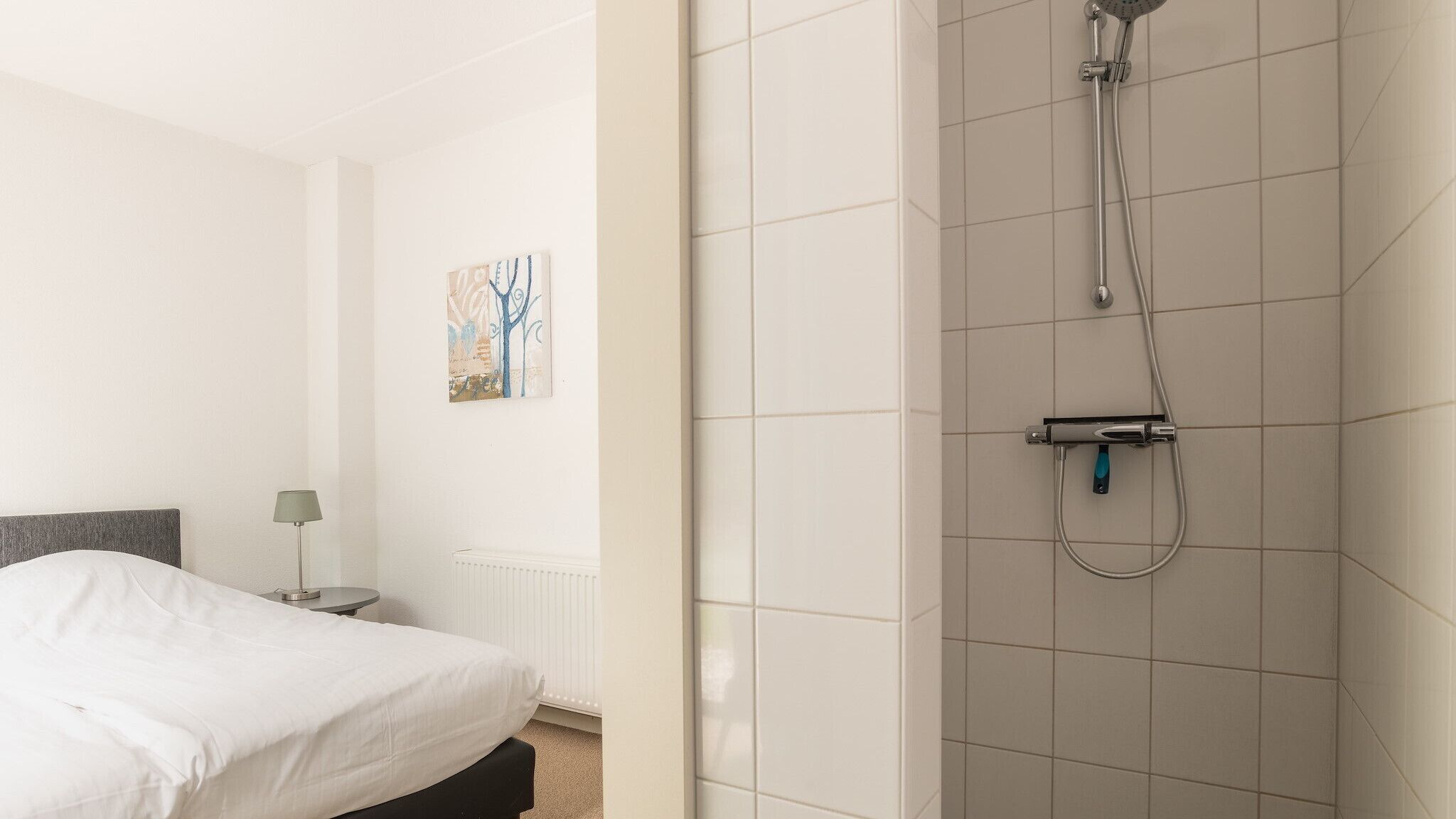Habitación de hotel con cama, mesita de noche, lámpara, radiador y zona de ducha con cabezal de ducha manual.