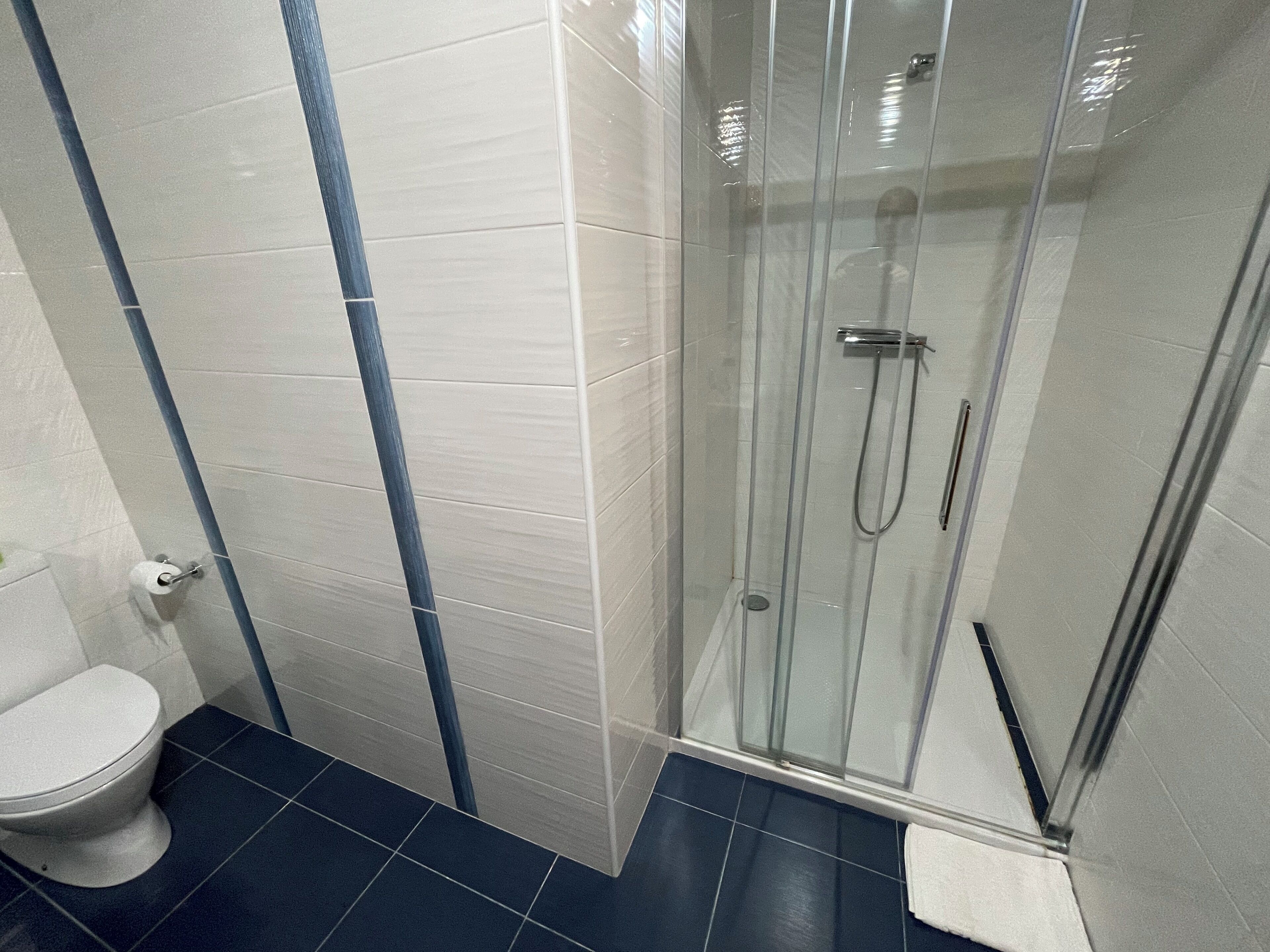 Un baño con ducha de vidrio, inodoro y piso de azulejos azules.
