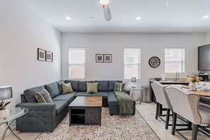 Smart TV, fireplace, books