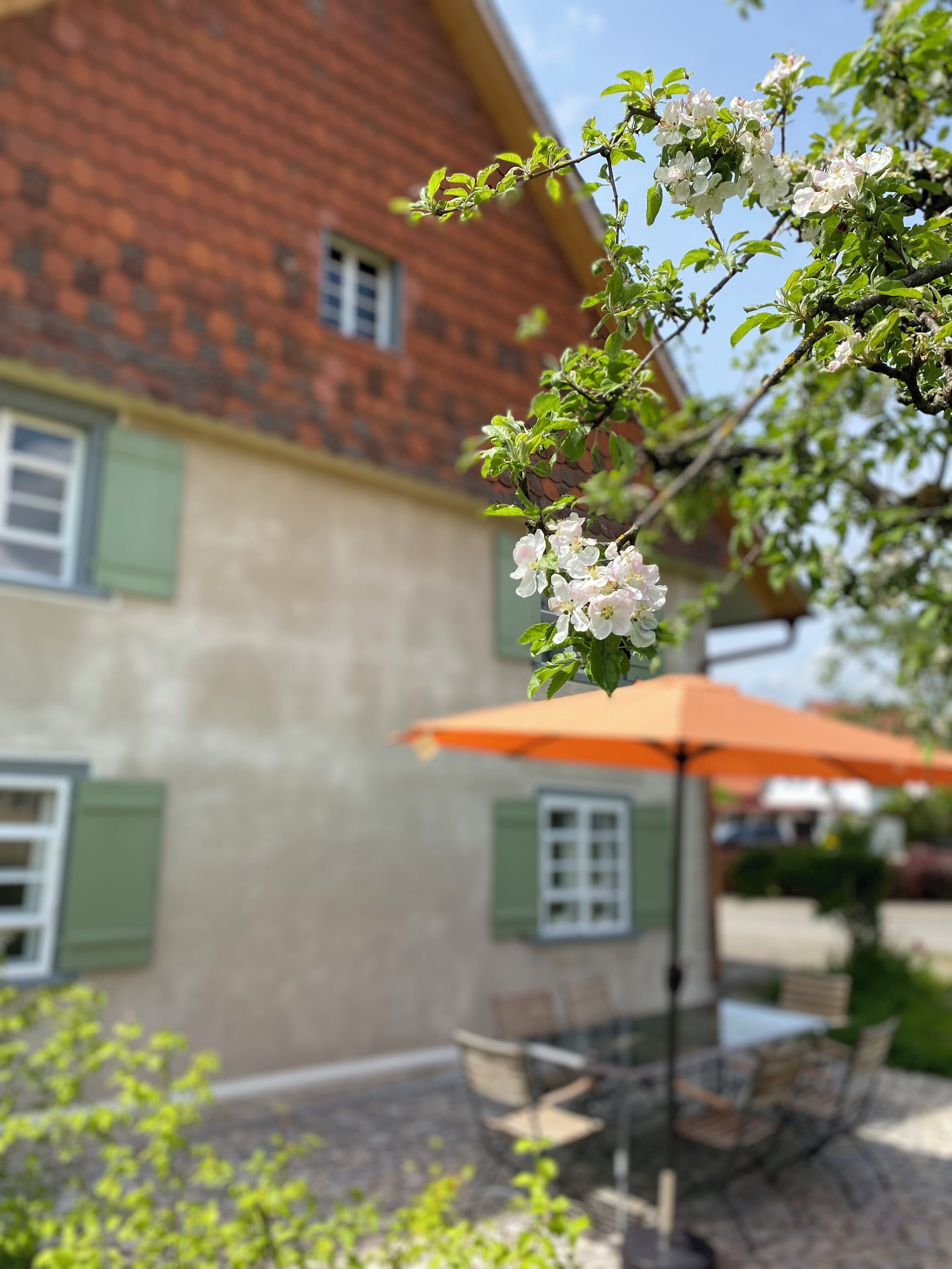 A building with a red-tiled roof, green shutters, and a patio area with outdoor furniture.