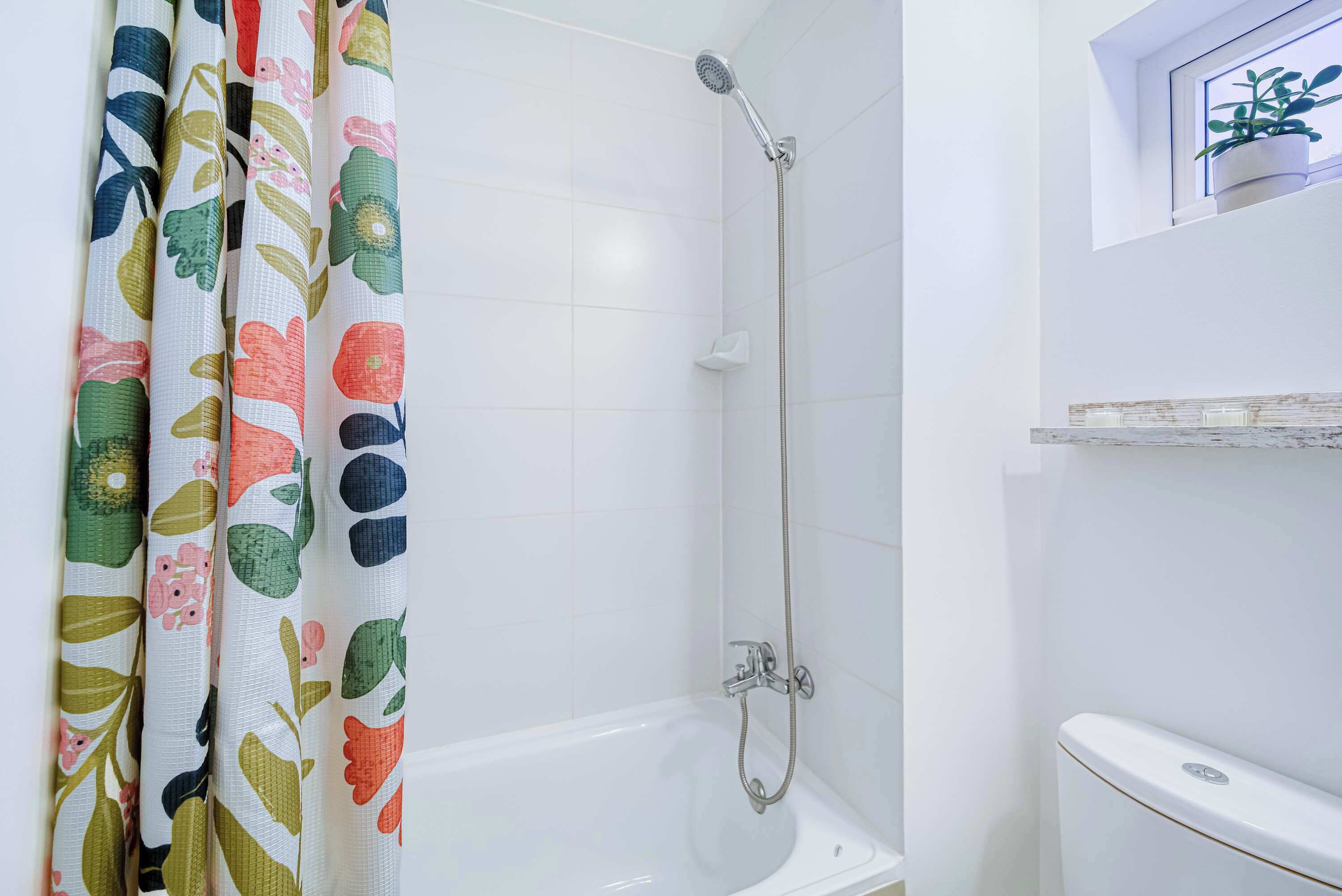 A bathroom with a shower, toilet, and a window with a plant.