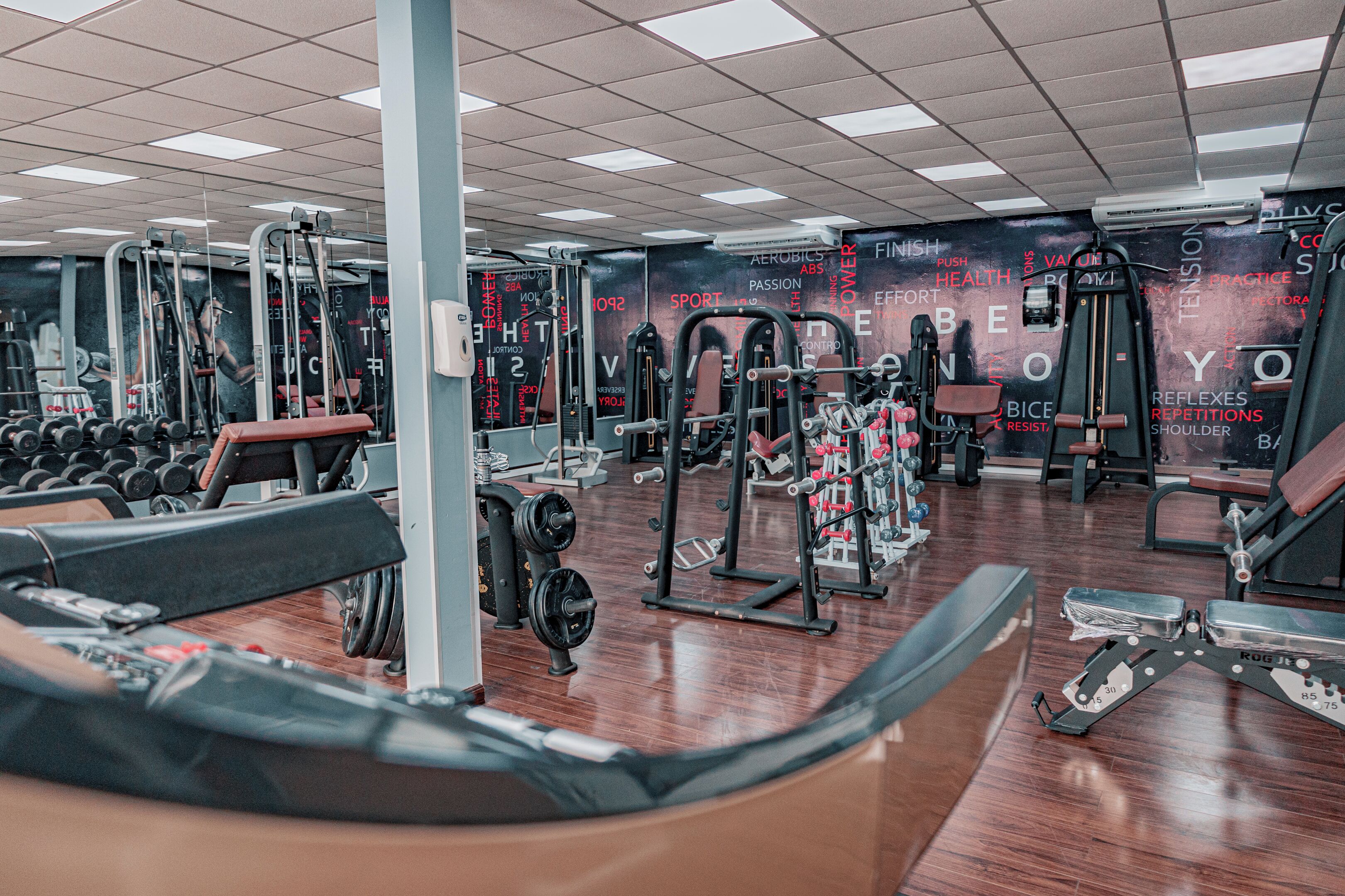 Un gimnasio con diversos equipos de ejercicio, incluyendo máquinas de pesas y mancuernas.