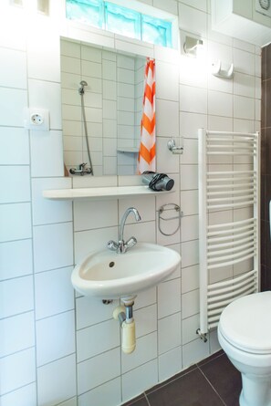 Hair dryer, towels, soap, toilet paper