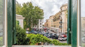 Vista del carrer des d'una finestra, amb edificis, cotxes aparcats i arbres.