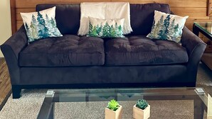 Ein dunkelbraunes Sofa mit drei Kissen, ein Glastisch mit zwei kleinen Topfpflanzen und eine Holzwand mit drei gerahmten Berglandschaften.