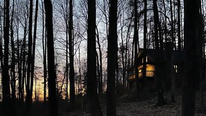 Eine Hütte im Wald mit Blick auf den Sonnenuntergang.
