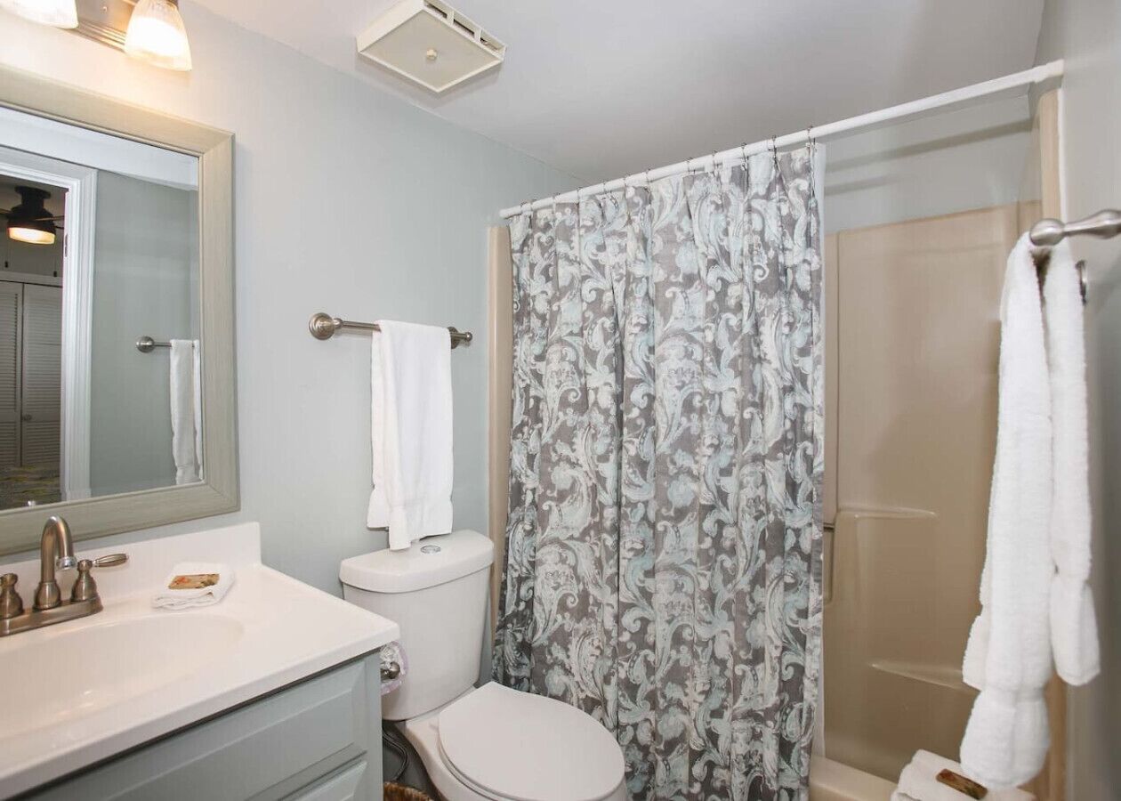A bathroom with a toilet, sink, and shower curtain.