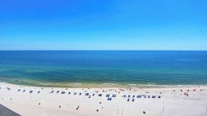 A beach with rows of umbrellas and beach chairs, a clear blue sky, and calm ocean waters. - Phoenix West 1601 by Liquid Life (Orange Beach)