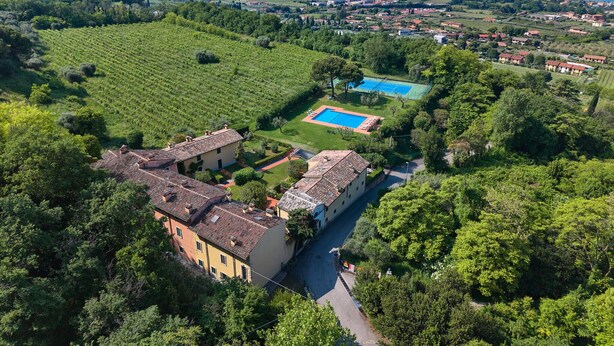 Luchtbeeld van een villa met een zwembad, omringd door weelderige begroeiing en een verre zeespiegel.