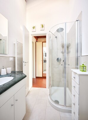Shower, hair dryer, towels, toilet paper