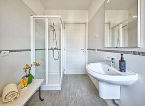 Shower, hair dryer, towels, toilet paper