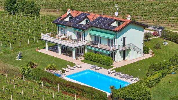 A large house with a swimming pool, surrounded by vineyards.