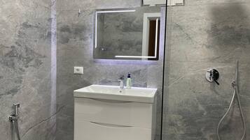 Hair dryer, towels, soap, toilet paper