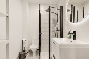 Shower, hair dryer, soap