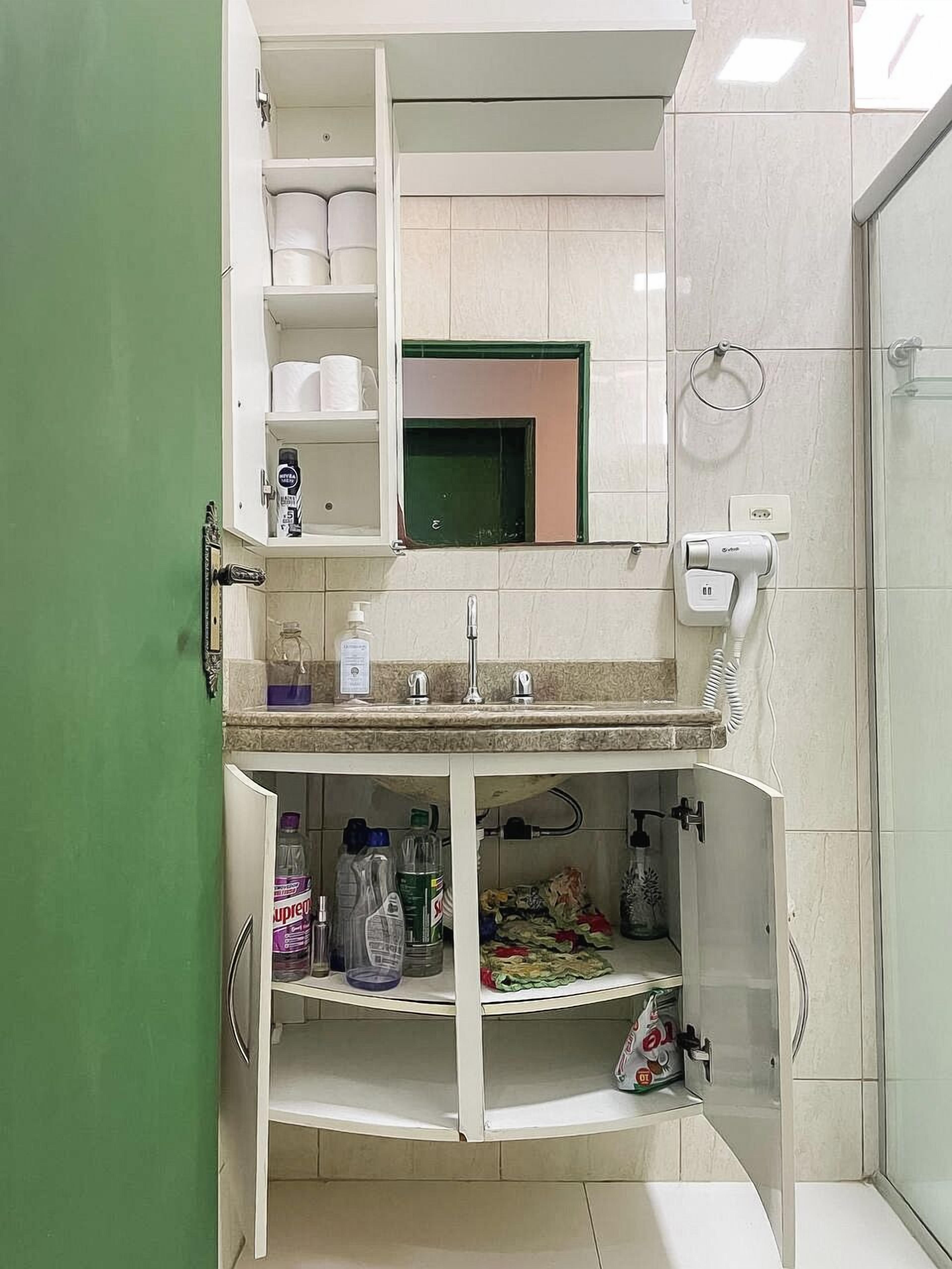 A compact bathroom with a sink, toilet paper, and a hairdryer.
