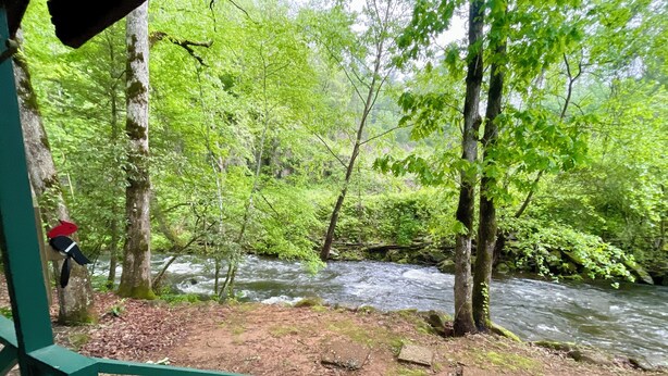 Une terrasse en bois rustique surplombe une rivière aux eaux vives, et est entourée d’un feuillage verdoyant et luxuriant.