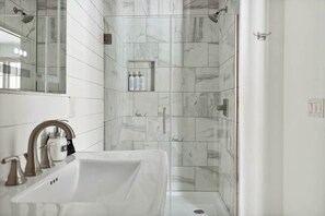 Shower, hair dryer, shampoo