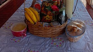 A room with a hammock, a table with a basket of food, and a view of the outdoors.
