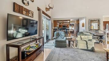 Smart TV, fireplace, DVD player, books