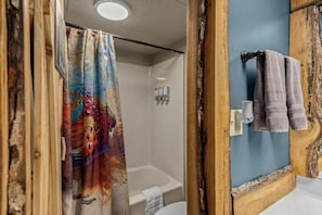 Hair dryer, towels, soap, toilet paper