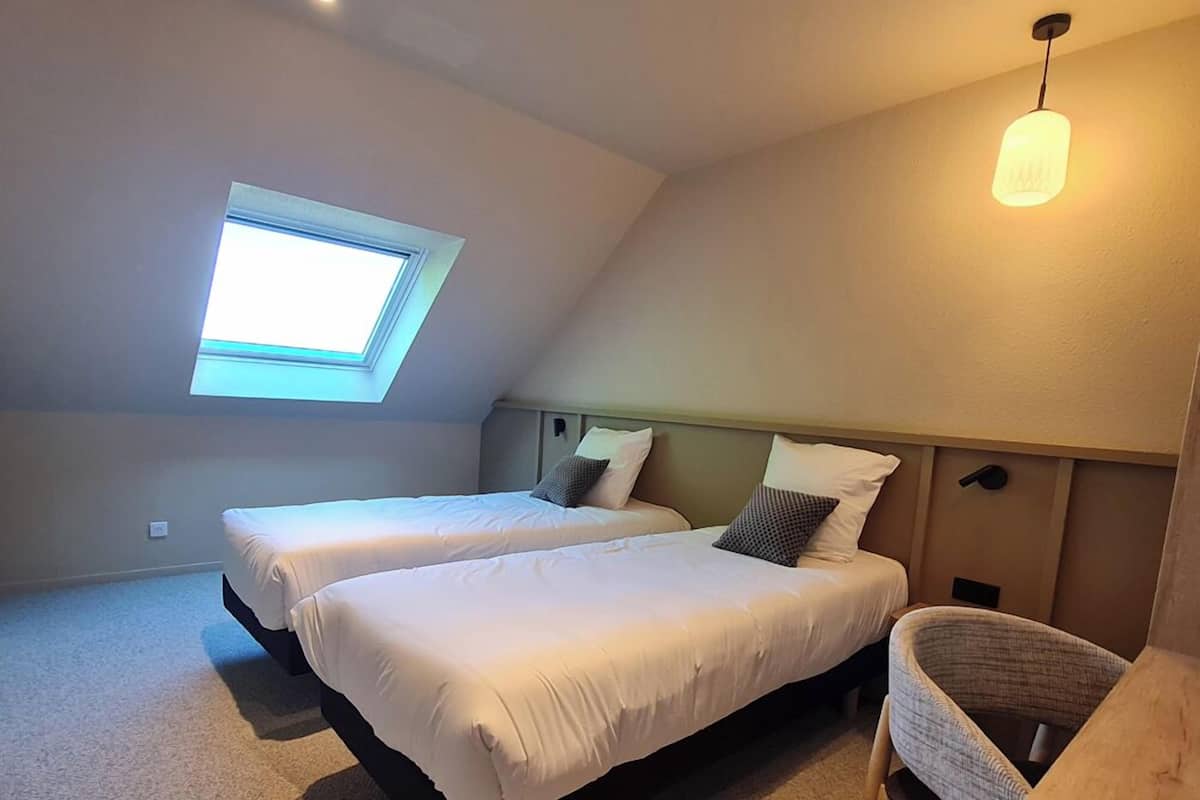 A bedroom with two beds, a skylight, a chair, and a table.