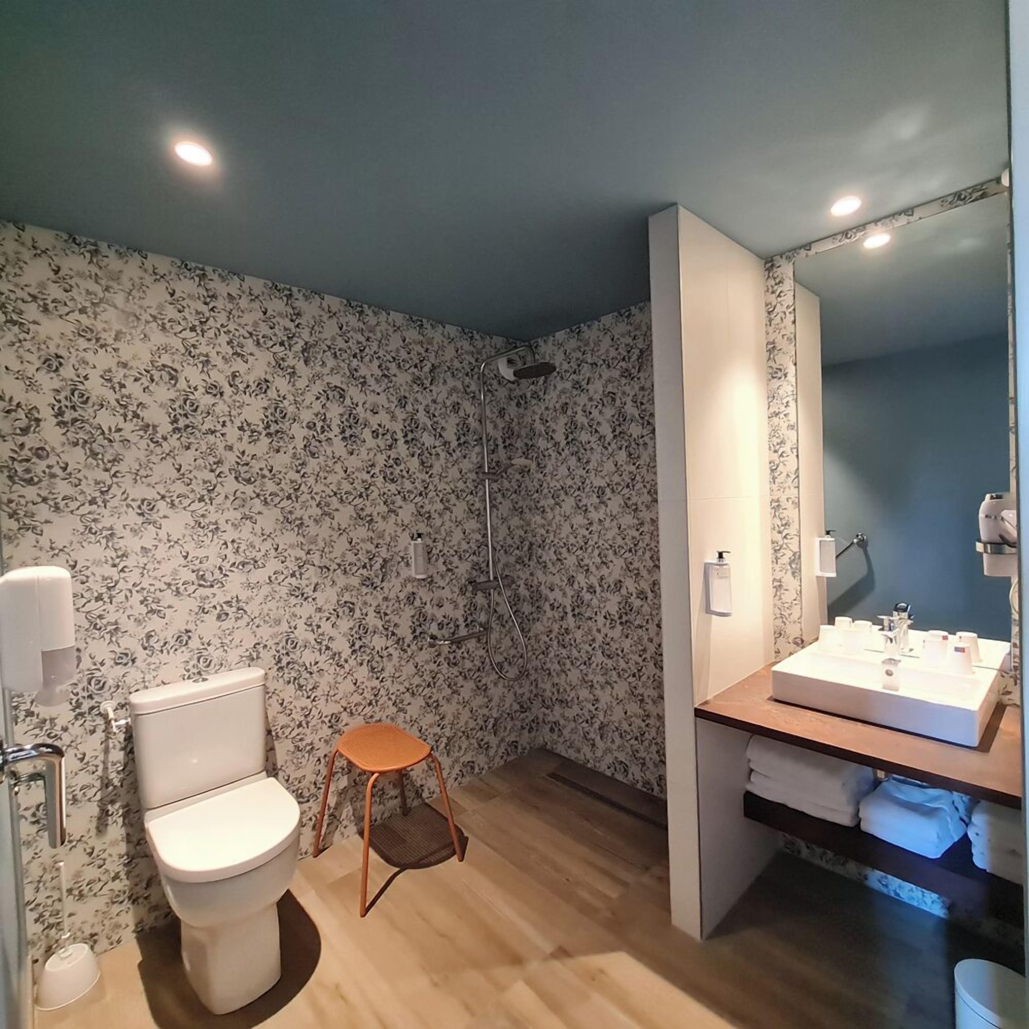 Une salle de bain comprenant des toilettes, une douche et un lavabo avec un miroir.