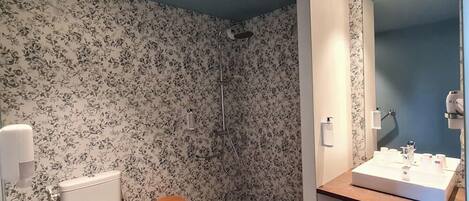 Un baño con inodoro, ducha y lavamanos con espejo.