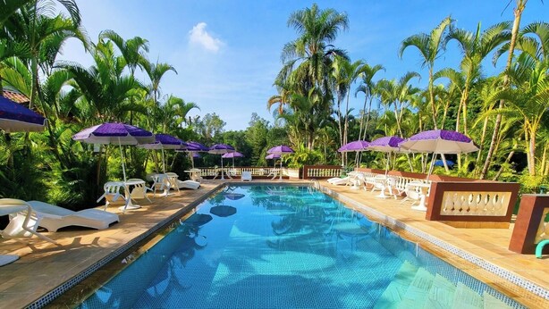 A swimming pool with lounge chairs and umbrellas, surrounded by palm trees. - Vale do Sonho Hotel e Eventos (Guararema)