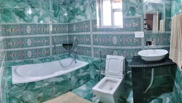 Hair dryer, towels, soap, shampoo
