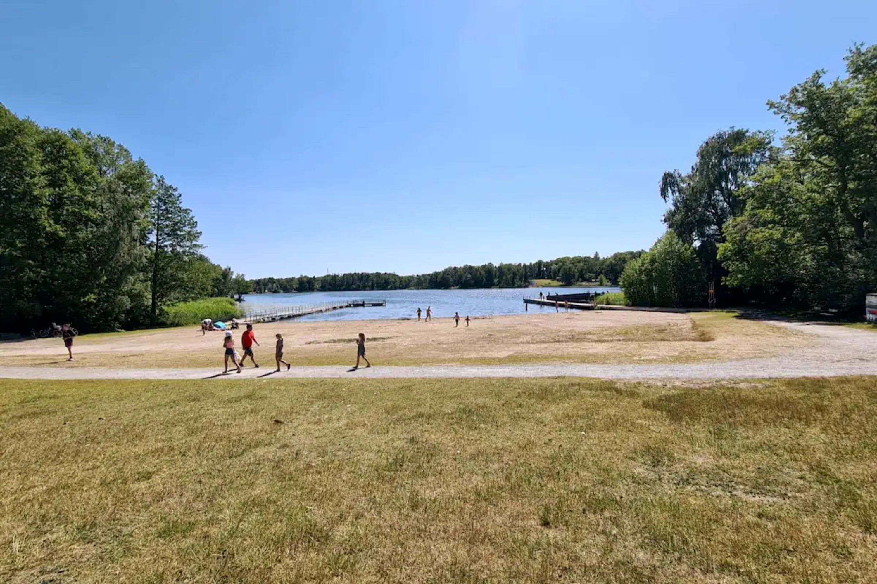 A grassy area with a dock extending into a lake, surrounded by trees.