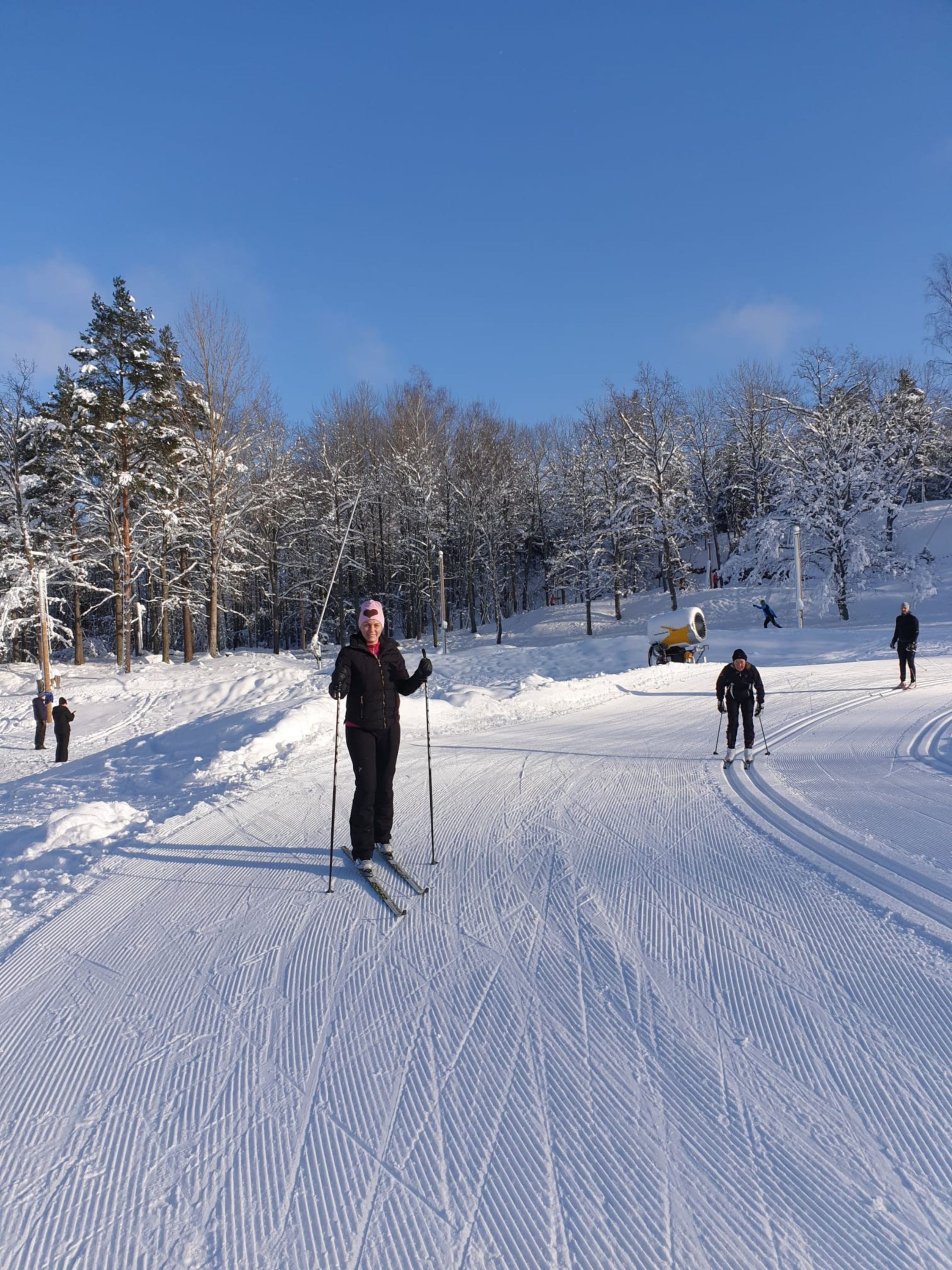 Une piste de ski de fond, avec des skieurs, des arbres couverts de neige et un ciel bleu dégagé.