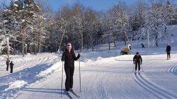 Une piste de ski de fond, avec des skieurs, des arbres couverts de neige et un ciel bleu dégagé.