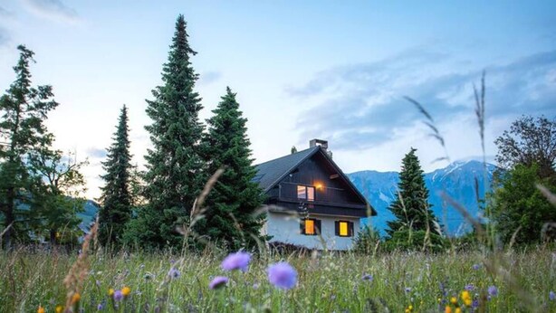 Une maison avec un toit sombre et des murs blancs, entourée de grands arbres et avec des montagnes en arrière-plan.