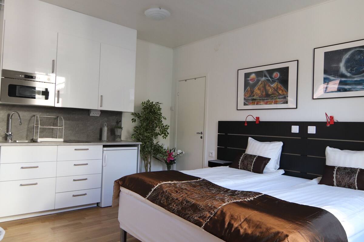 Una habitación de hotel moderna con cama, escritorio y kitchenette.