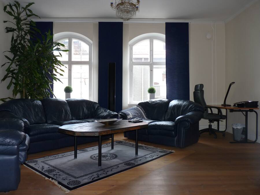 A living room with a black leather sofa, a wooden coffee table, and a large potted plant.
