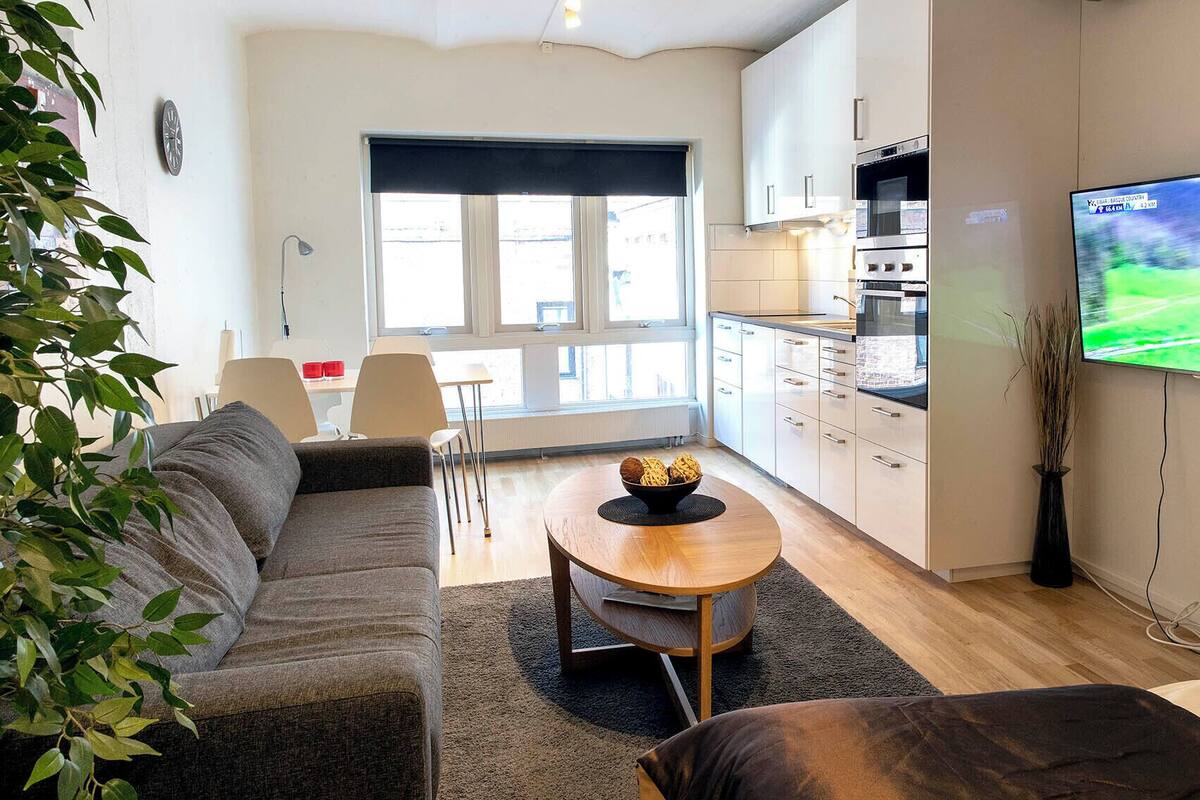Una sala de estar moderna con un sofá, una mesa de centro y un televisor.