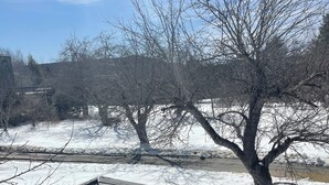 A wooden deck with snow on the ground and a tree in the background.