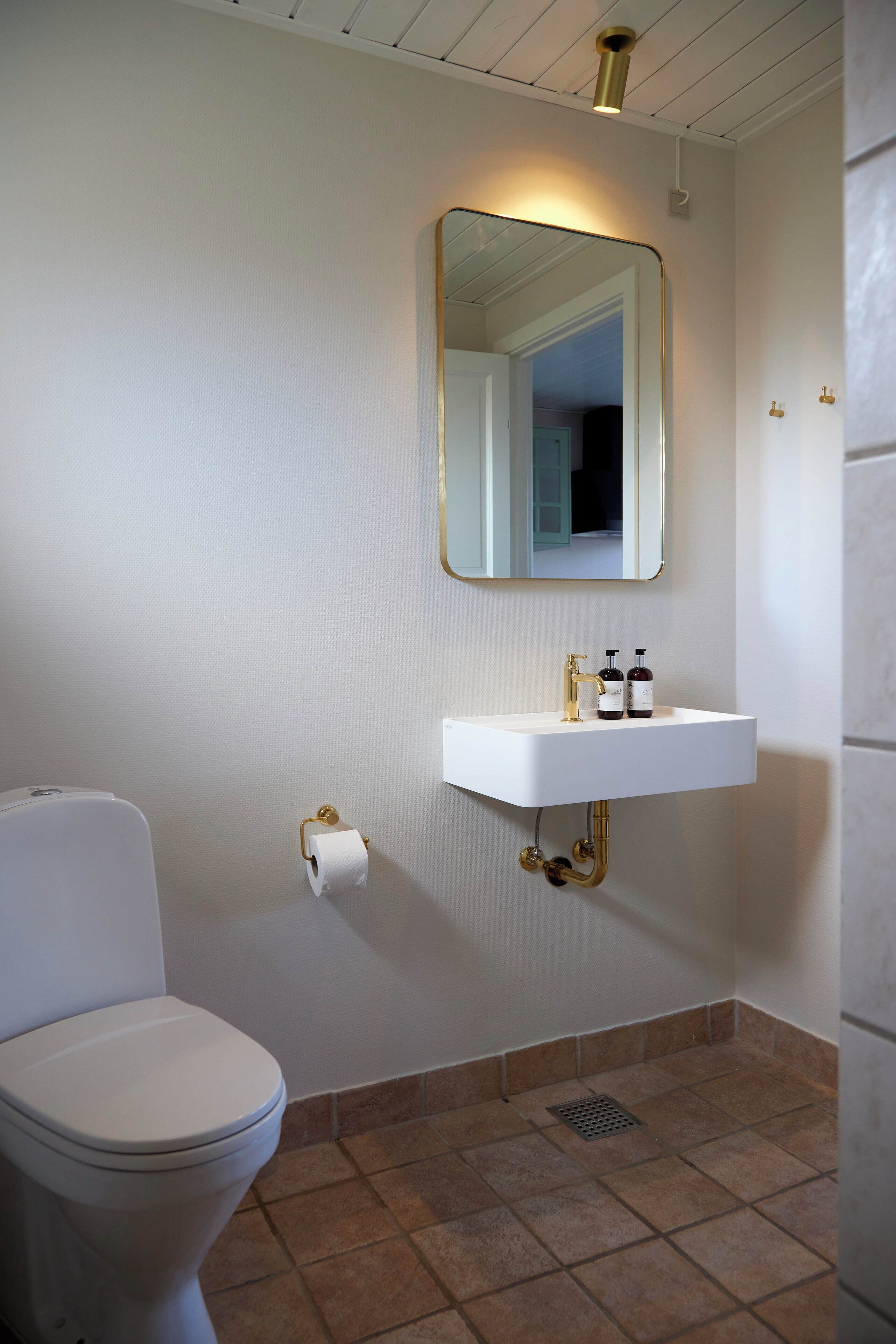 A bathroom with a white toilet, a white sink with gold fixtures, and a mirror above the sink.