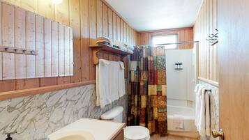 Hair dryer, towels, soap, shampoo