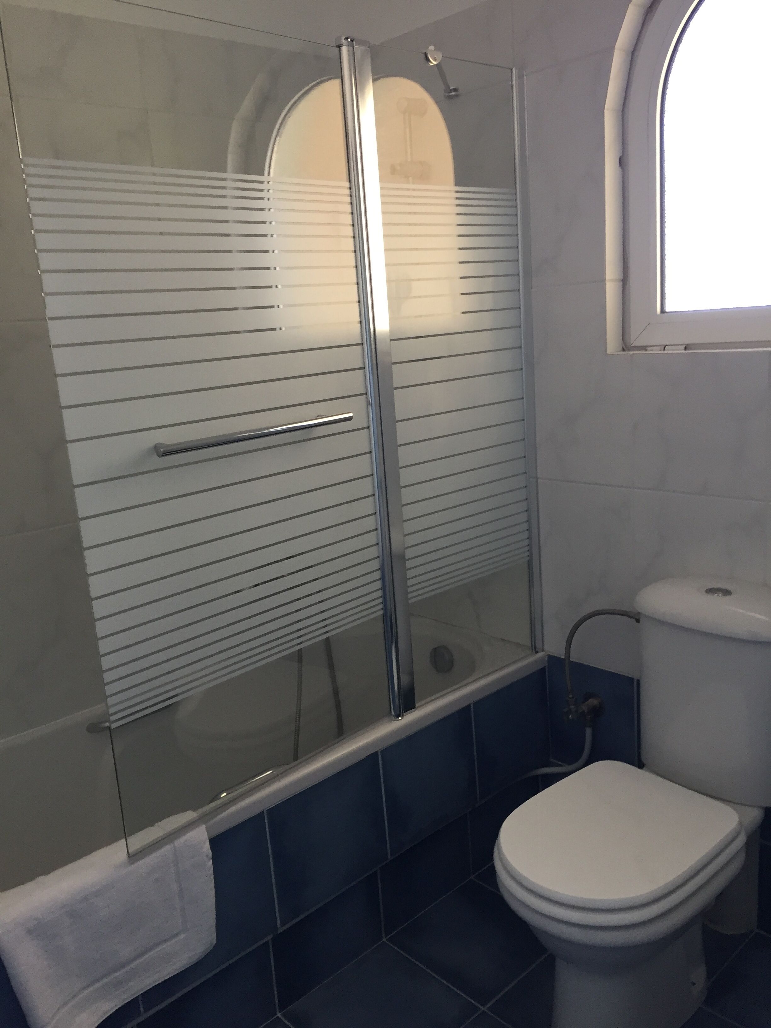 A bathroom with a glass-enclosed shower, a toilet, and a window.