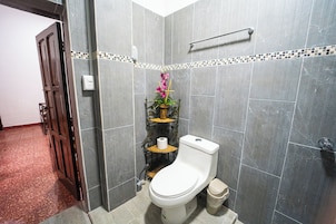 Basic Twin Room, 2 Queen Beds | Bathroom | Shower, towels, soap, toilet paper