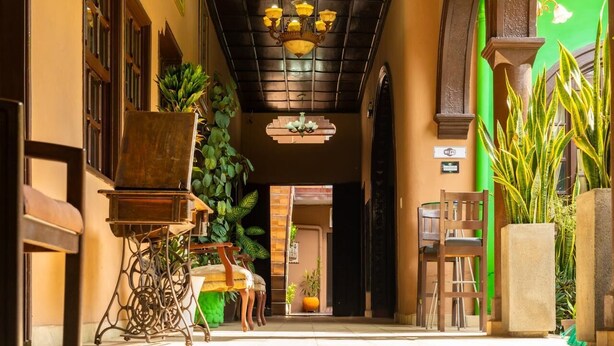 Un couloir avec un plafond en bois, un lustre, des plantes en pot et un espace détente avec des chaises.