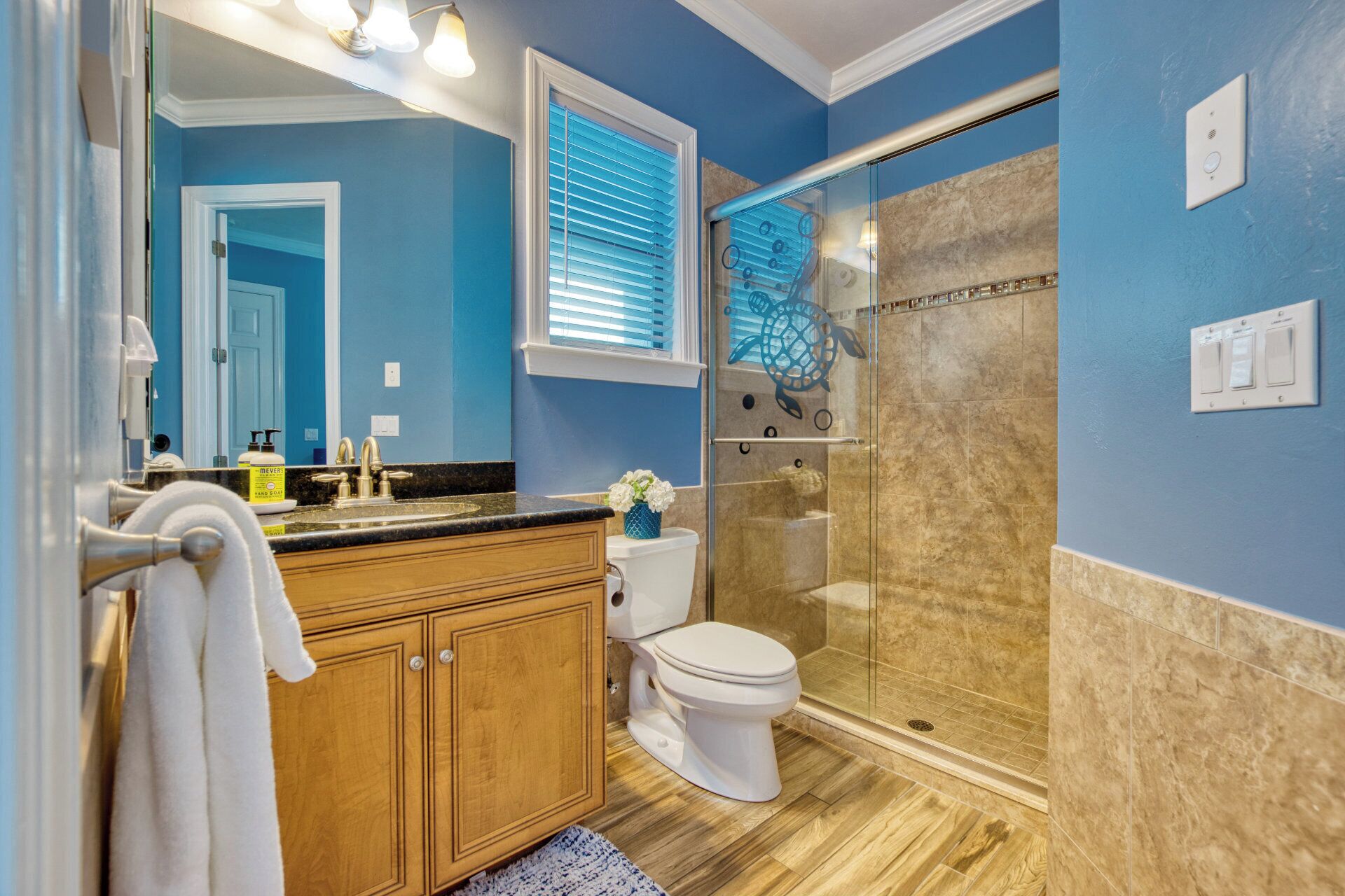 Bagno con parete blu, mobile lavabo in legno, WC bianco, box doccia in vetro e uno specchio.