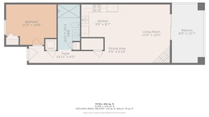 Grundriss eines Wohnhauses mit Schlafzimmer, Küchenzeile, Bad, Essbereich, Eingangsbereich, Wohnzimmer und Balkon.