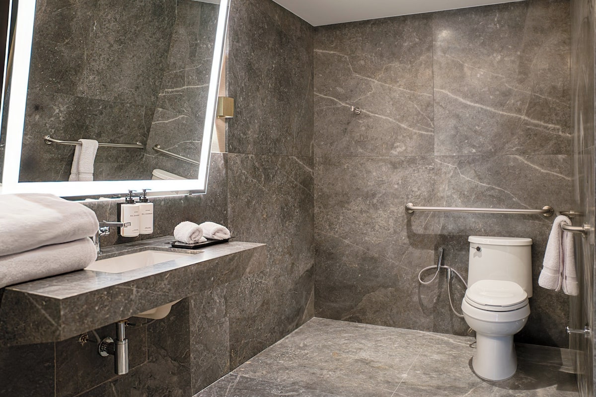 Separate bathtub and shower, free toiletries, hair dryer, bathrobes