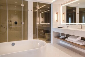 Separate tub and shower, free toiletries, hair dryer, bathrobes