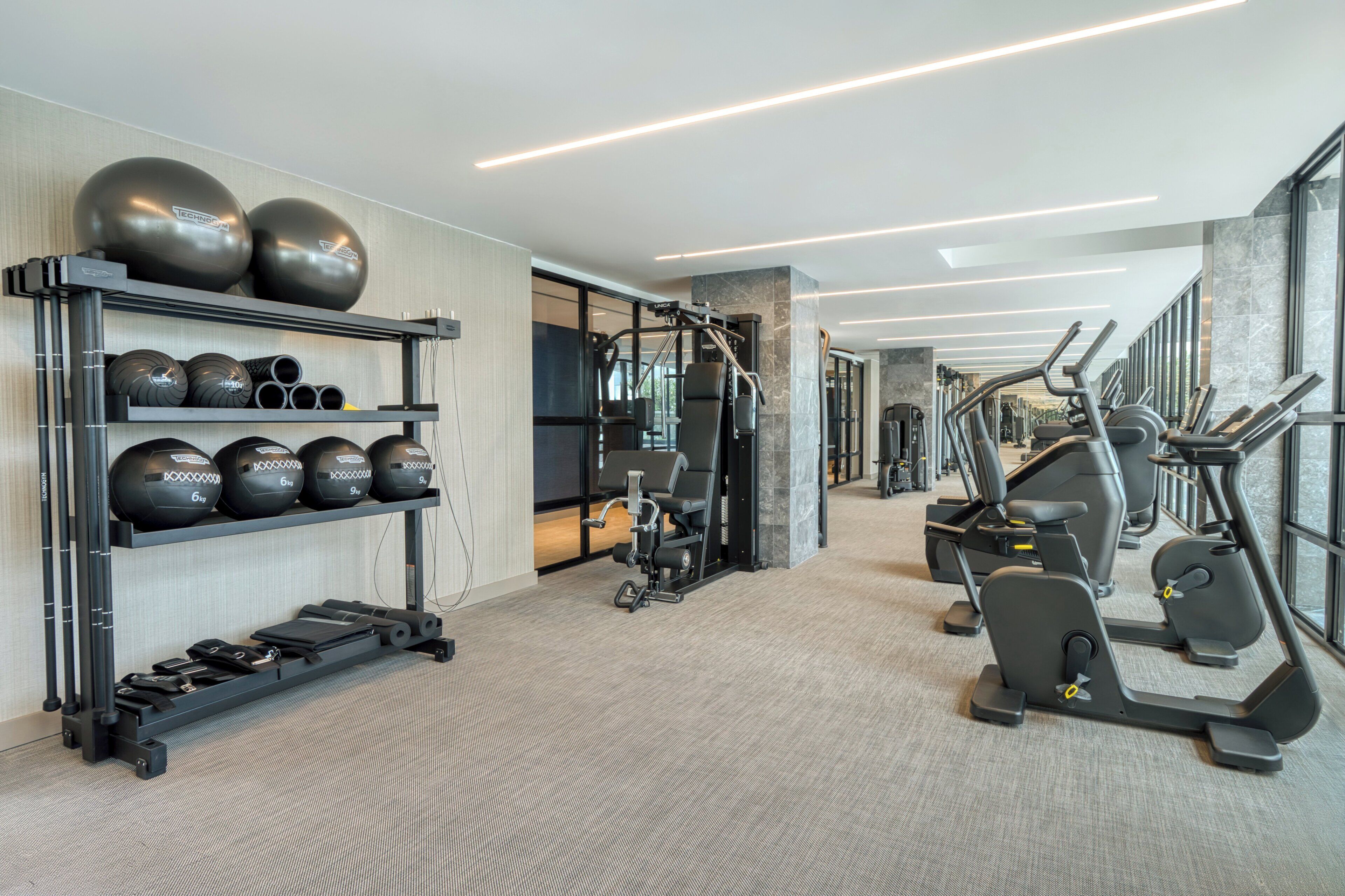 Una gimnàstica moderna amb equip d'exercici, màquines de peses i una varietat de pilotes fitness.