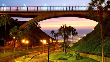 Un puente sobre una carretera con palmeras y farolas.