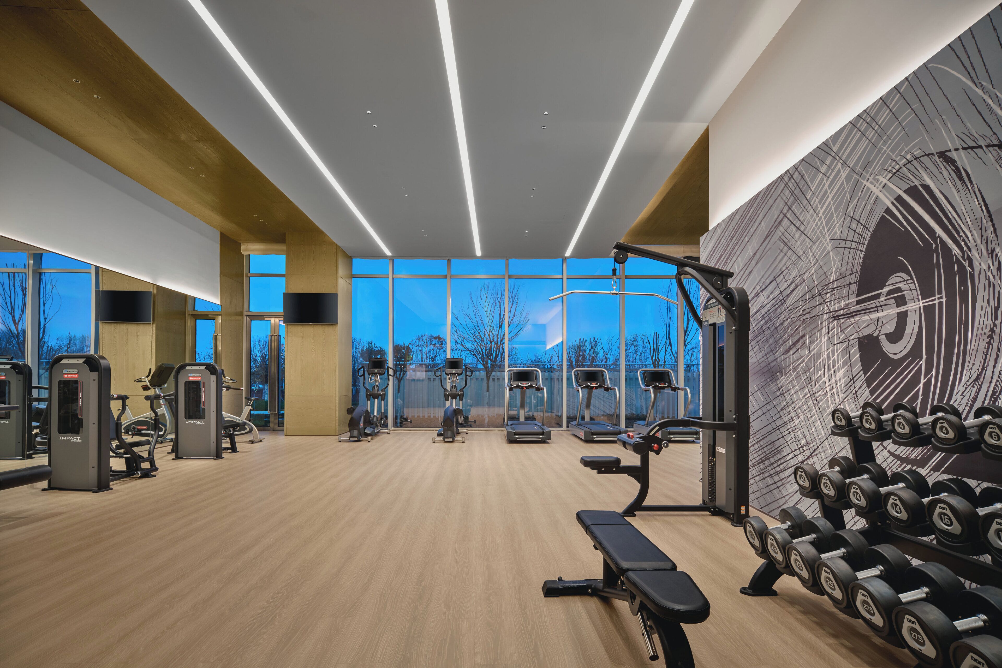 A gym with cardio machines, weight benches, and dumbbells.