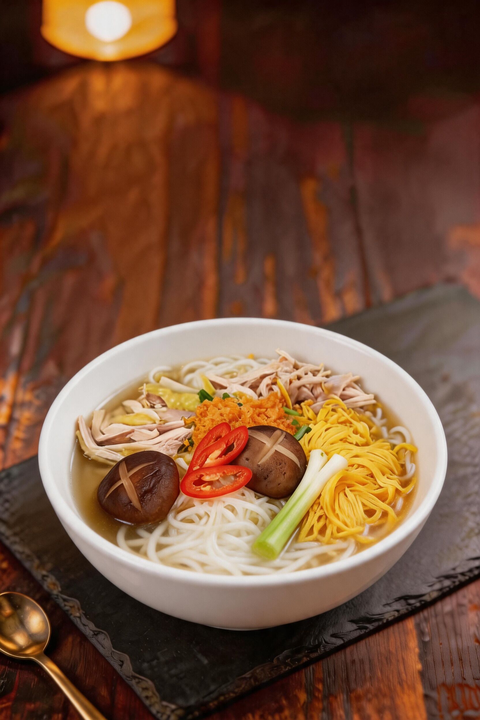 Un tazón de sopa de fideos con diferentes ingredientes, sobre una losa oscura.